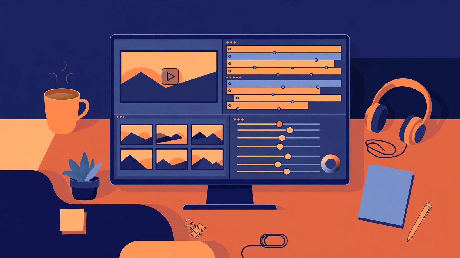 Illustration of several AI video generator tools open on a creator's screen