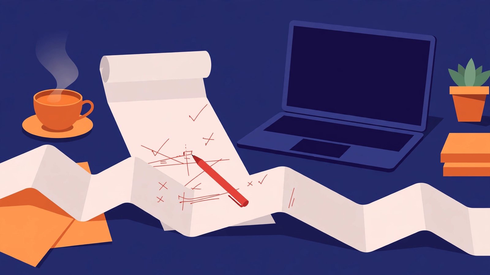Illustration of a long document being edited on a desk
